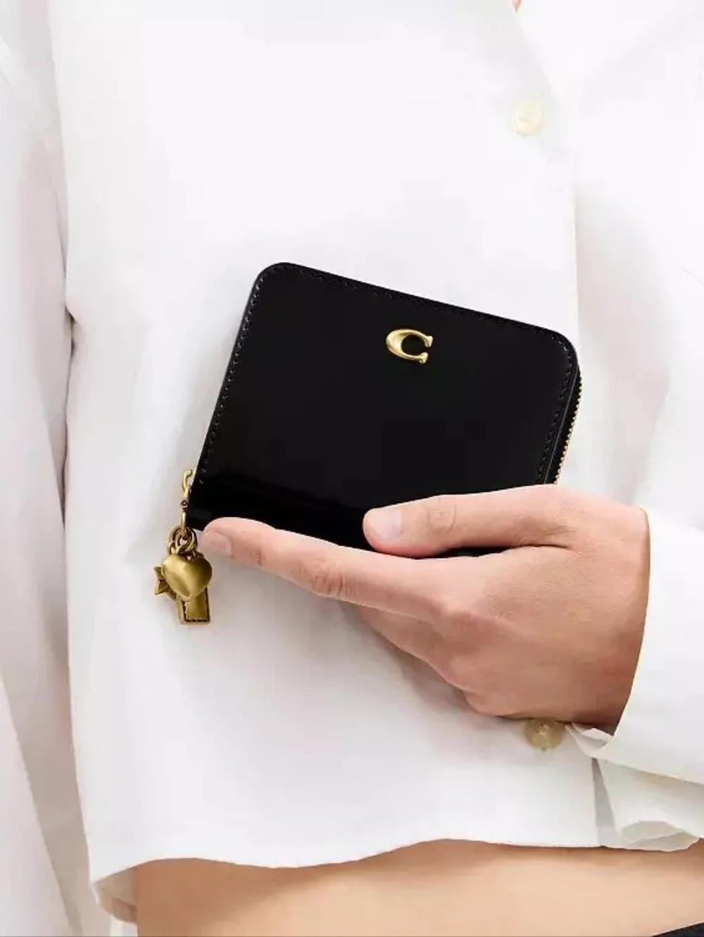 NWT!!! Coach Black Patent Zip Wallet with Gold 'C' Logo and Charm